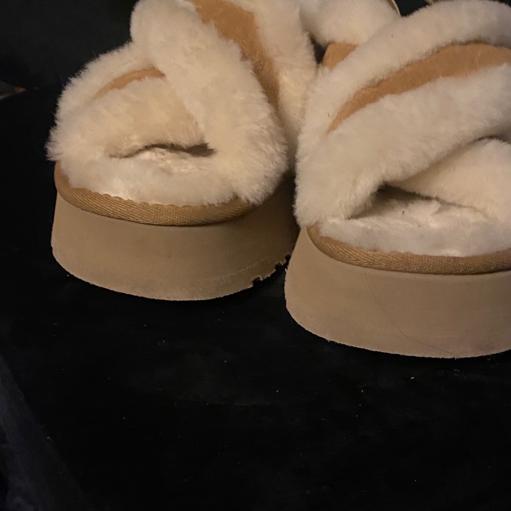 UGG Tan and Cream Fuzzy Slippers